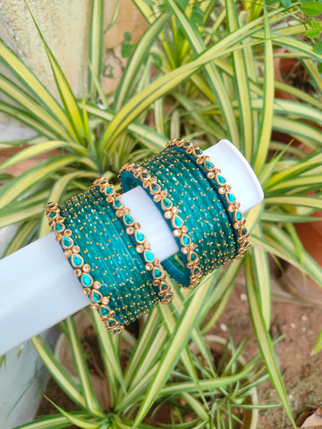 Peacock Blue Thilagam Silkthread Set With Glass Bangles