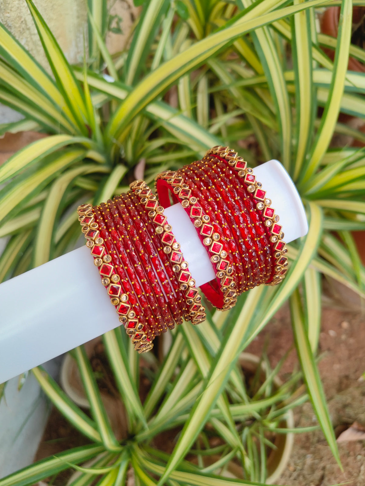 Red Diamond Silkthread Set With Glass Bangles