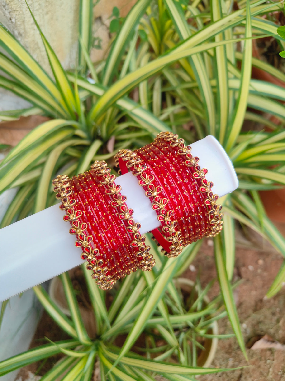 Floral Red Silkthread Set With Glass Bangles