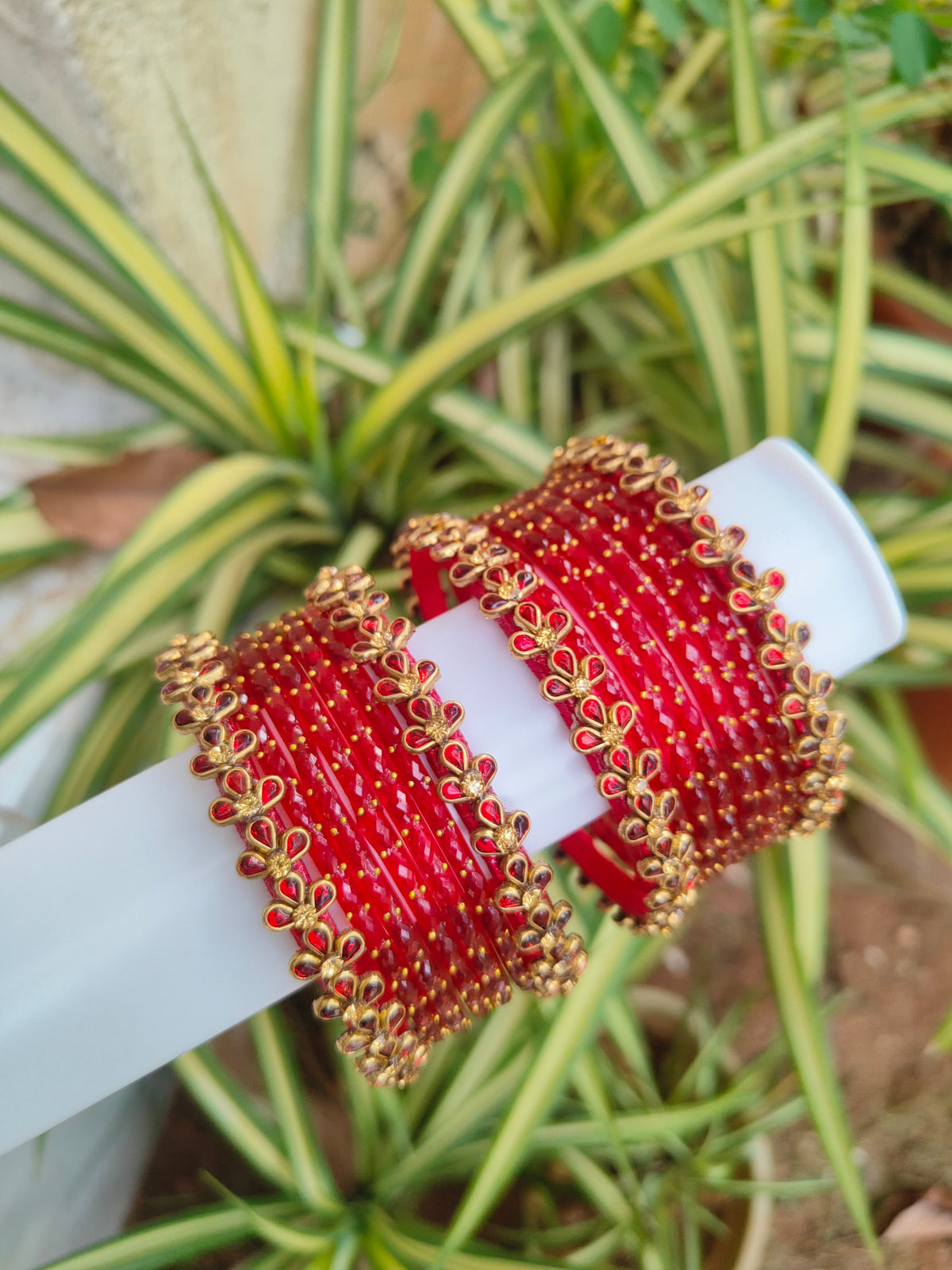 Floral Red Silkthread Set With Glass Bangles