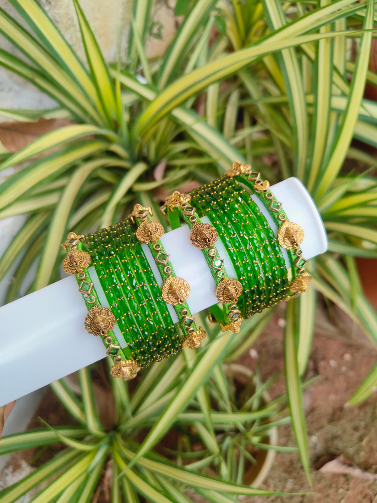 Ganesha Light Green Silkthread Set With Glass Bangles