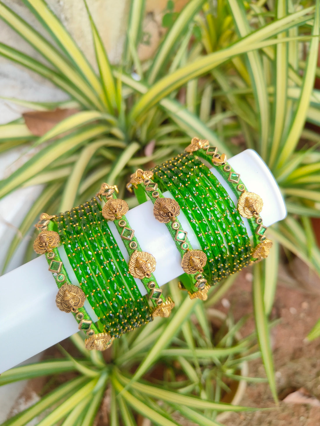 Ganesha Light Green Silkthread Set With Glass Bangles