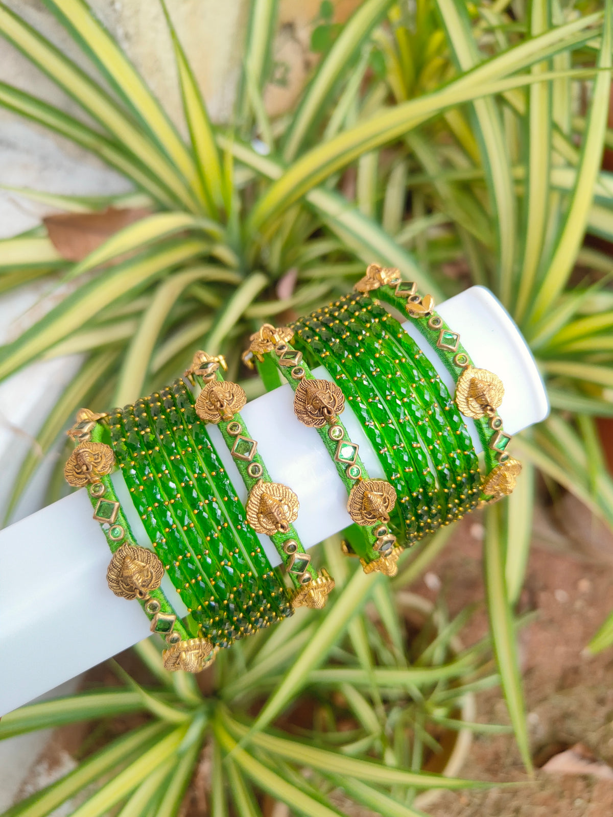 Ganesha Light Green Silkthread Set With Glass Bangles