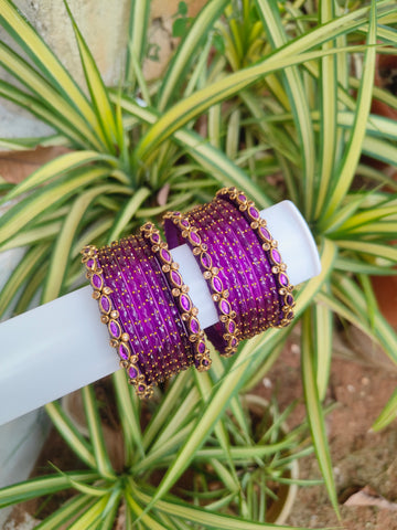 Purple Oval Silkthread Set With Glass Bangles