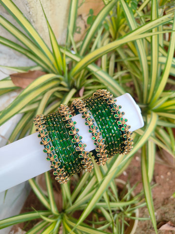 Bottle Green Floral Silkthread Set With Glass Bangles
