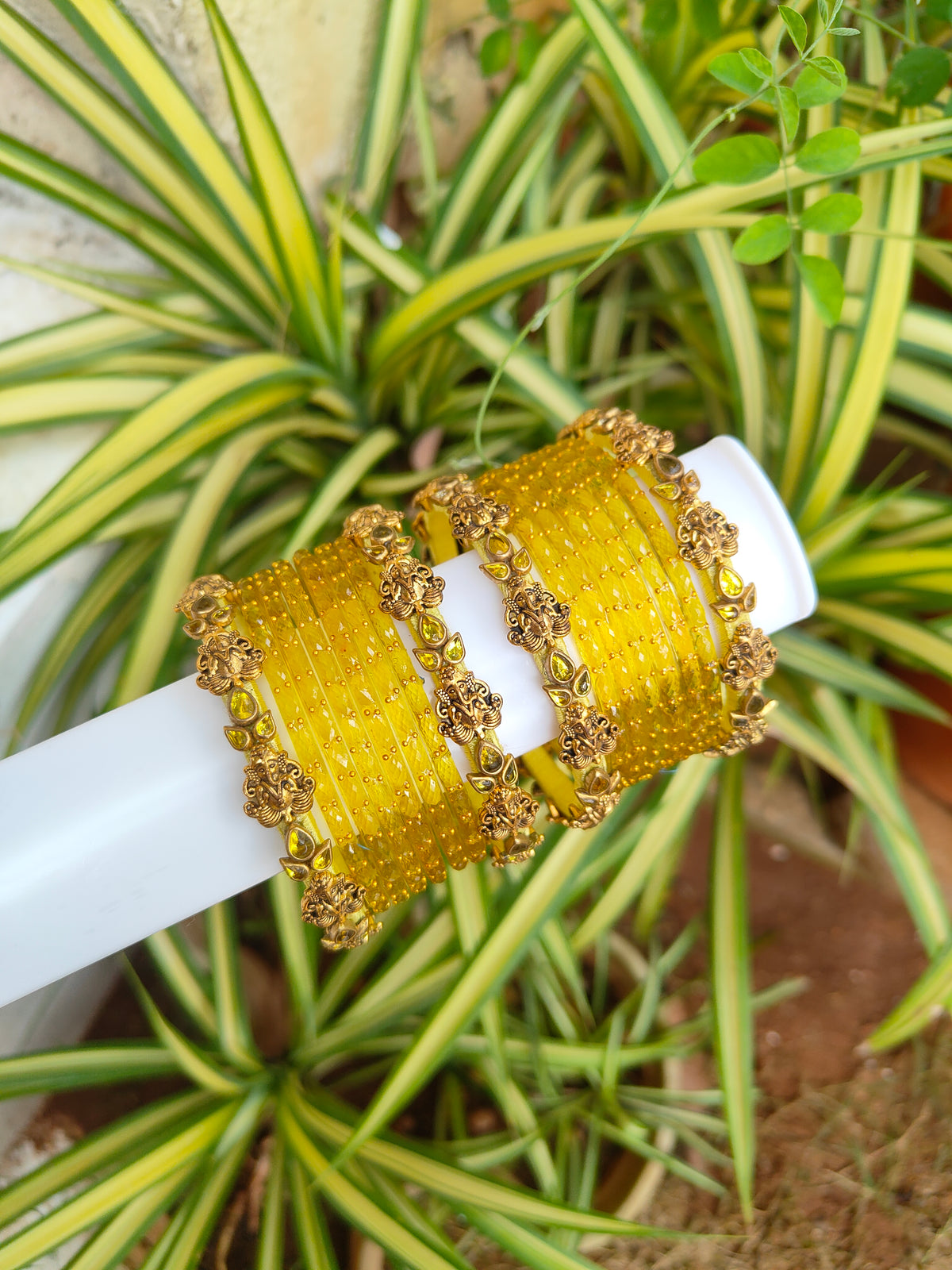 Yellow Ganesha Silkthread Set With Glass Bangles
