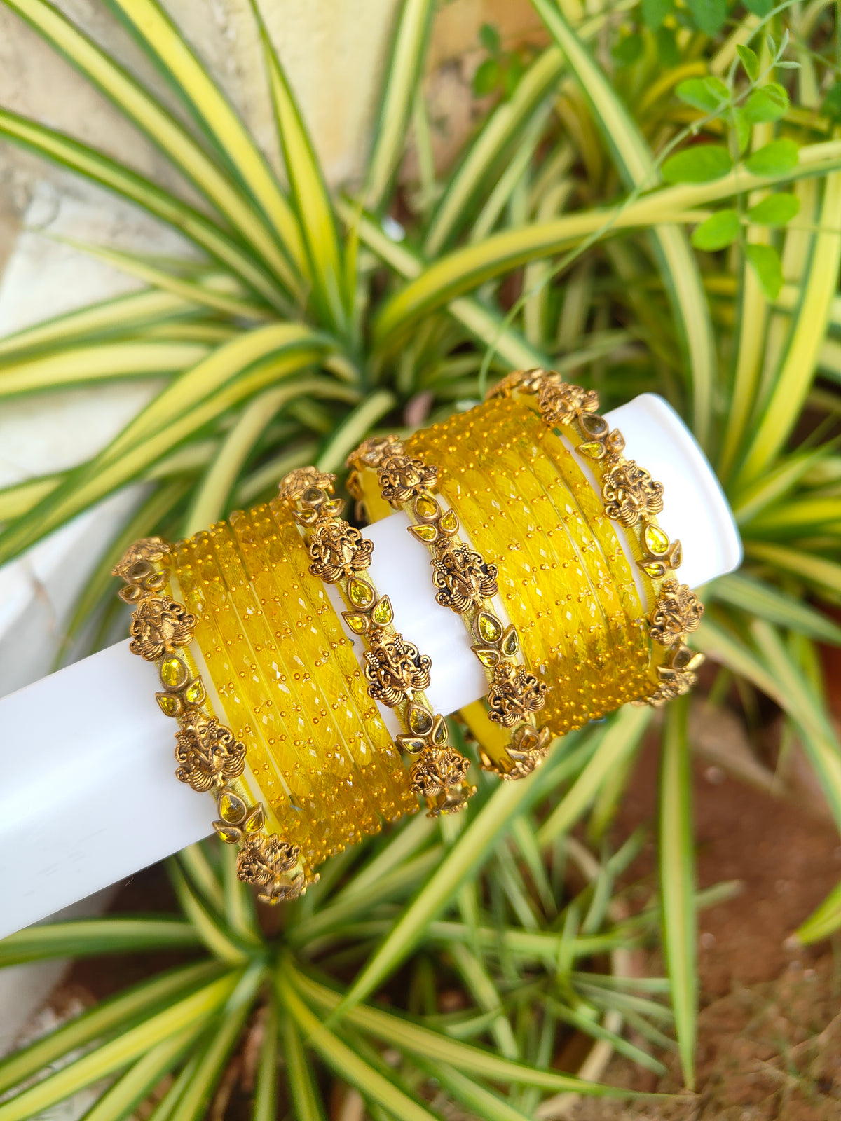 Yellow Ganesha Silkthread Set With Glass Bangles