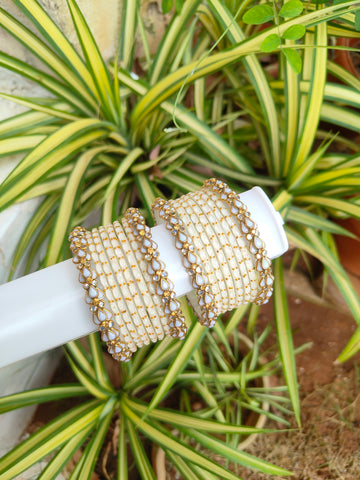 3D White Kundan Lotus Silkthread Set With Glass Bangles