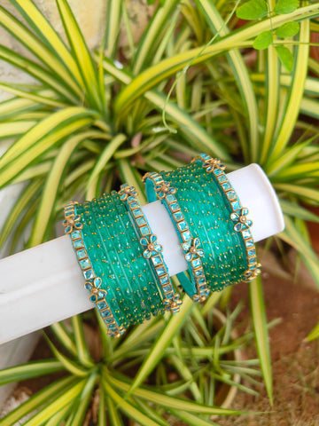 Light Blue Floral Silkthread Set With Glass Bangles