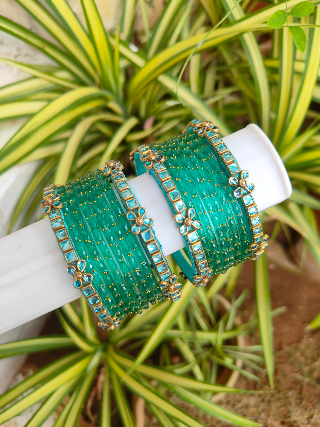 Light Blue Floral Silkthread Set With Glass Bangles