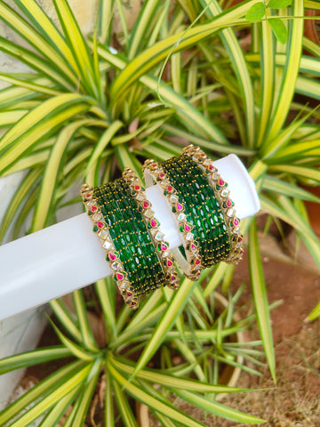 3D White & Green Lotus Silkthread Bangles Set With Raindrop Glass Bangles