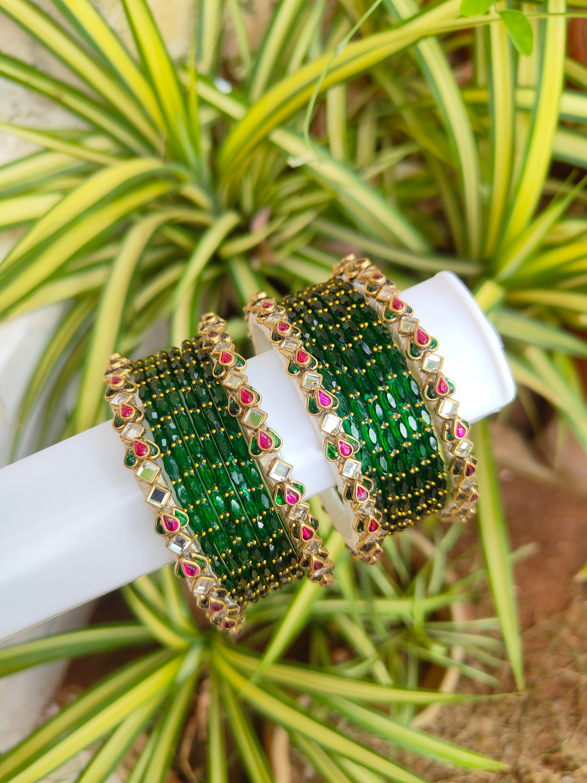 3D White & Green Lotus Silkthread Bangles Set With Raindrop Glass Bangles