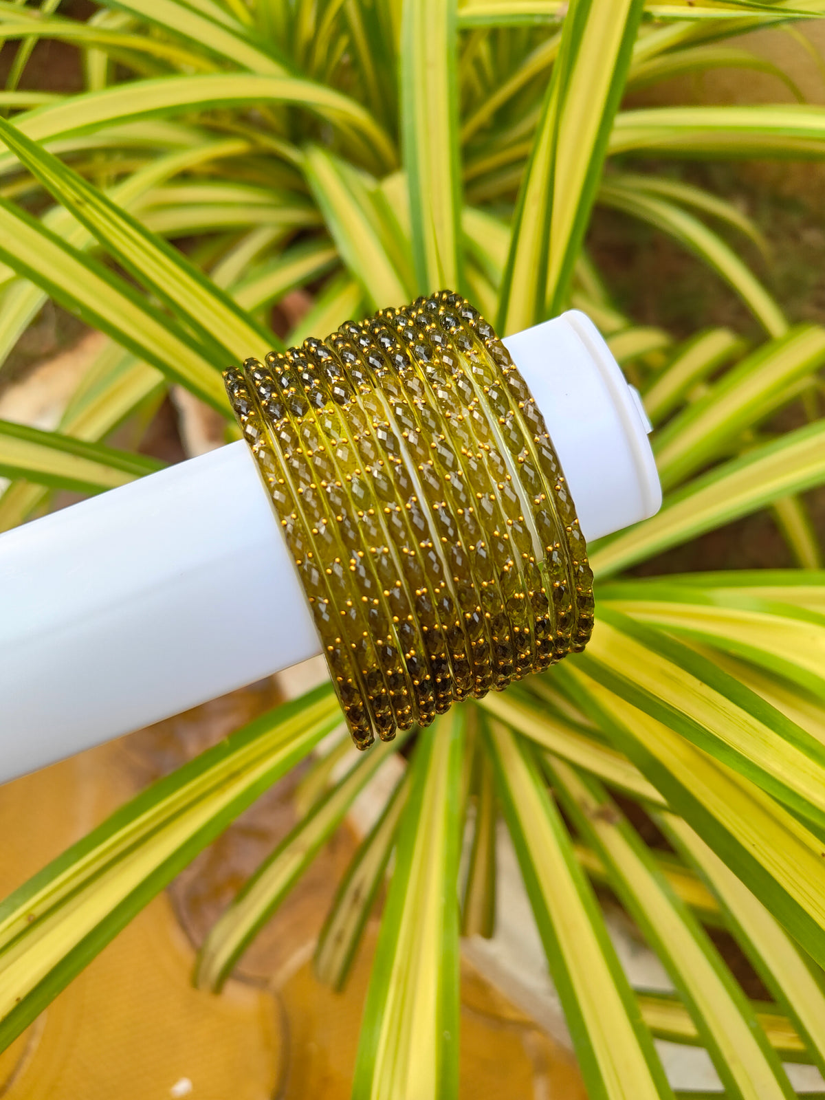 2.10 Size-Raindrop Glass Bangles-Olive Green Colour