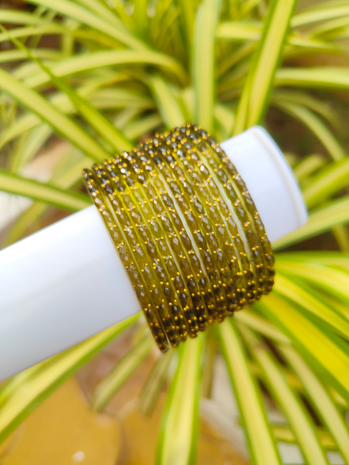 2.10 Size-Raindrop Glass Bangles-Olive Green Colour