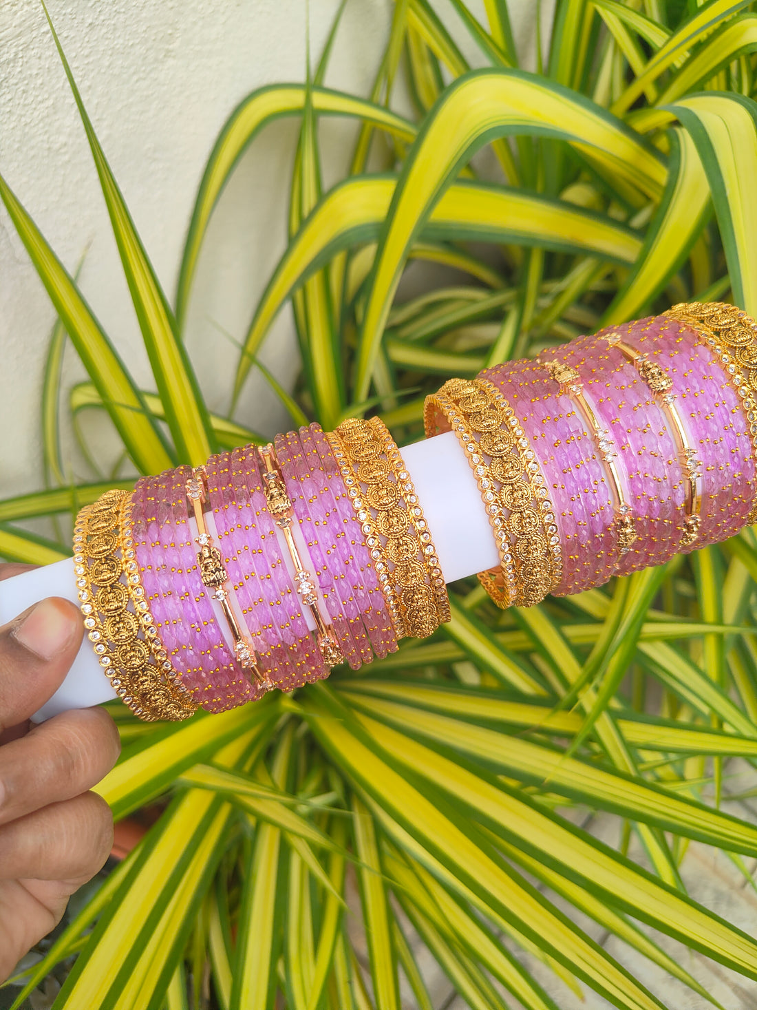 Swarnalakshmi Metal Mix - Lavender Raindrop Glass Bangles