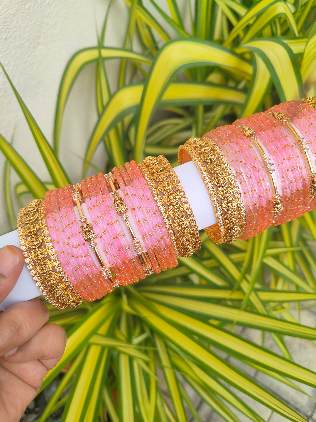 Swarnalakshmi Metal Mix - Baby Pink Raindrop Glass Bangles