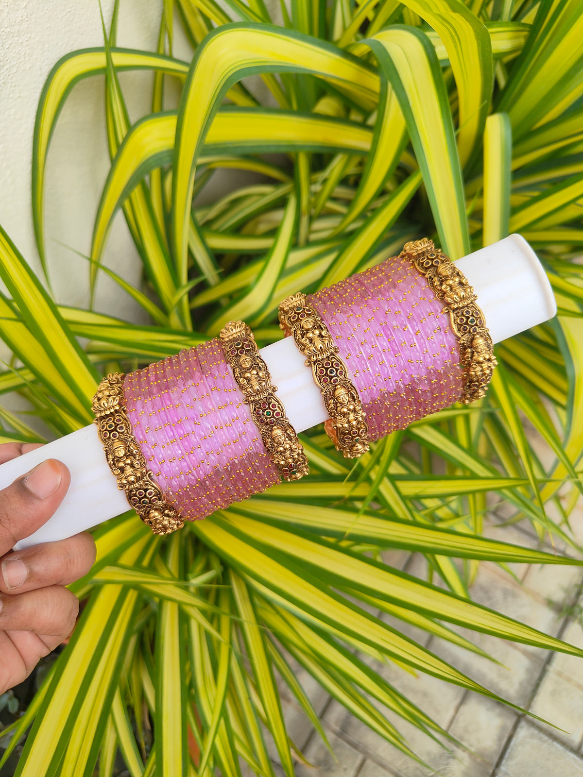 Lakshmi Aadhya Metal Mix-Lavender Raindrop Glass Bangles