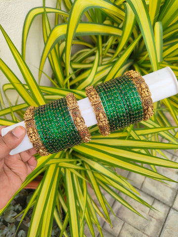 Lakshmi Aadhya Metal Mix-Green Raindrop Glass Bangles