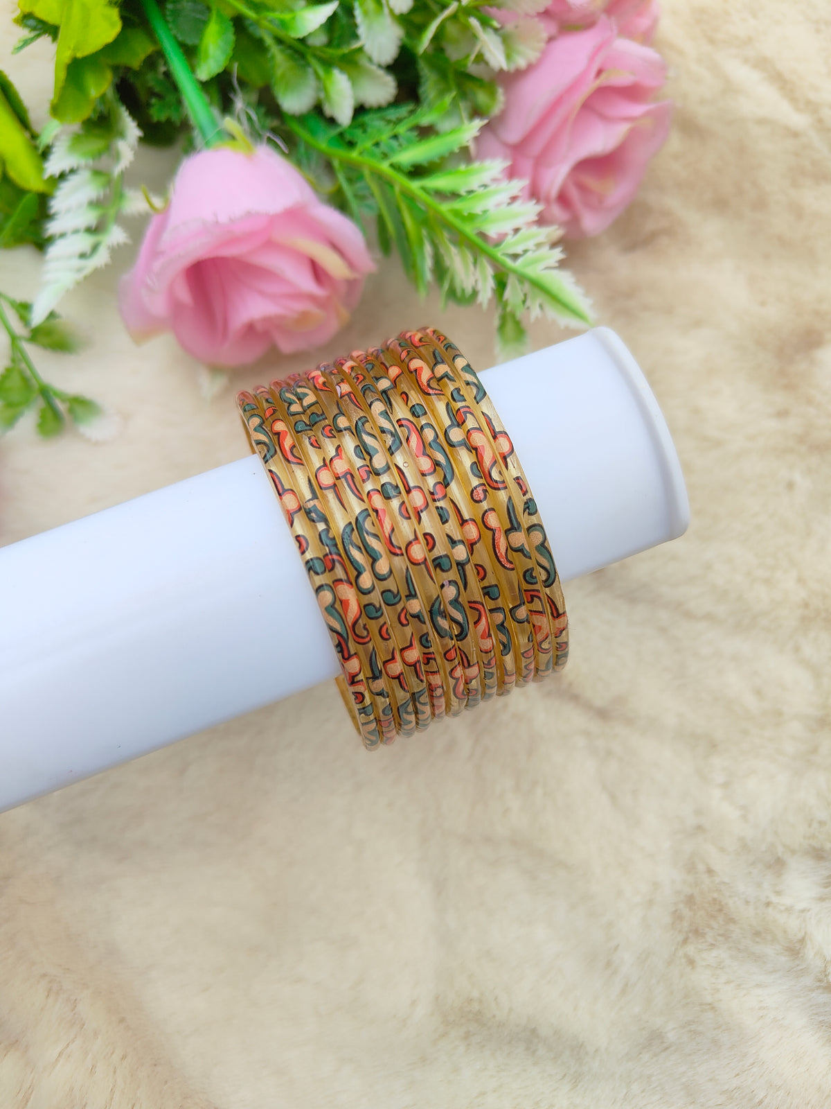 Kalamkari Glass Bangles-Golden Colour