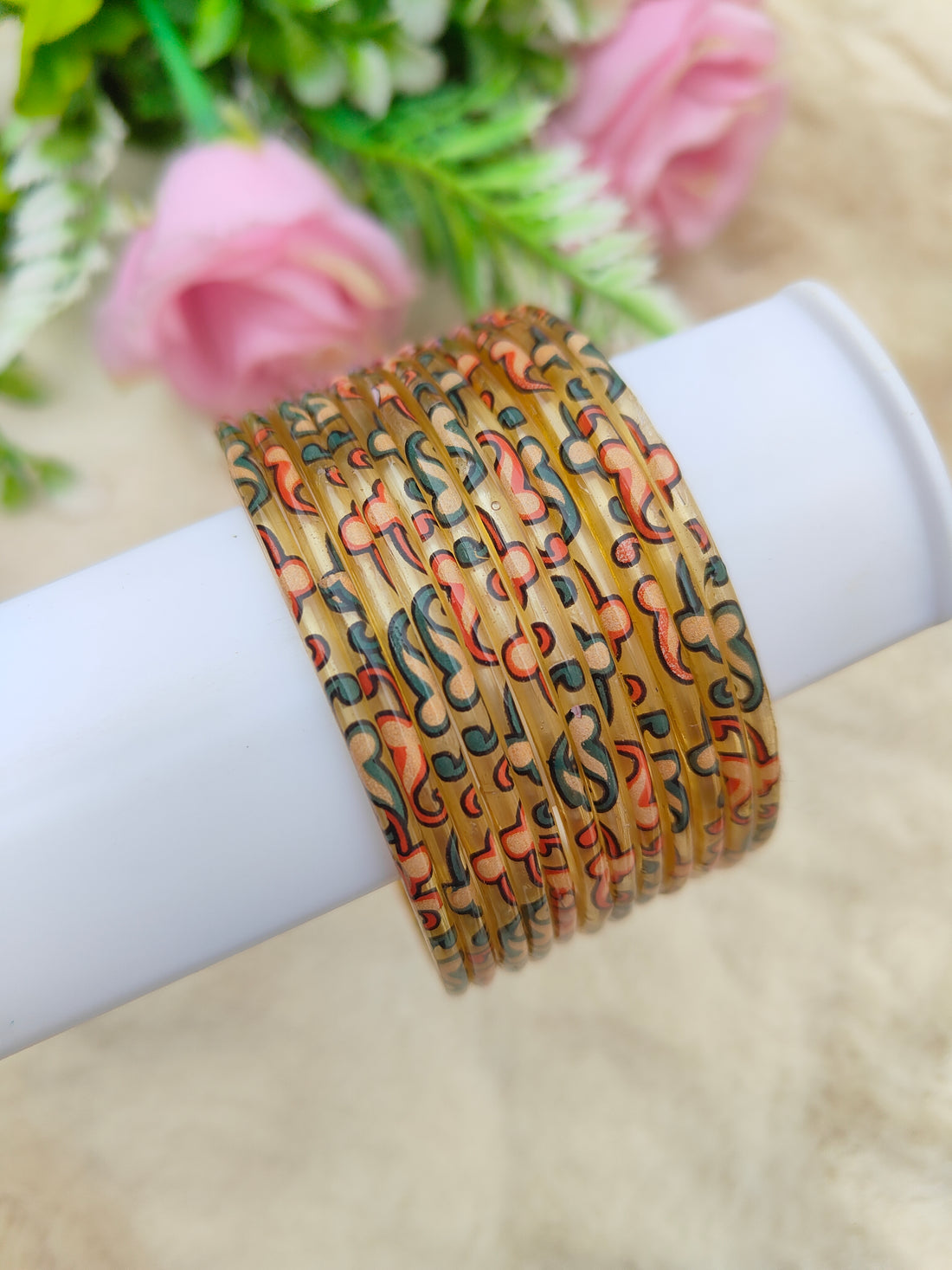 Kalamkari Glass Bangles-Golden Colour