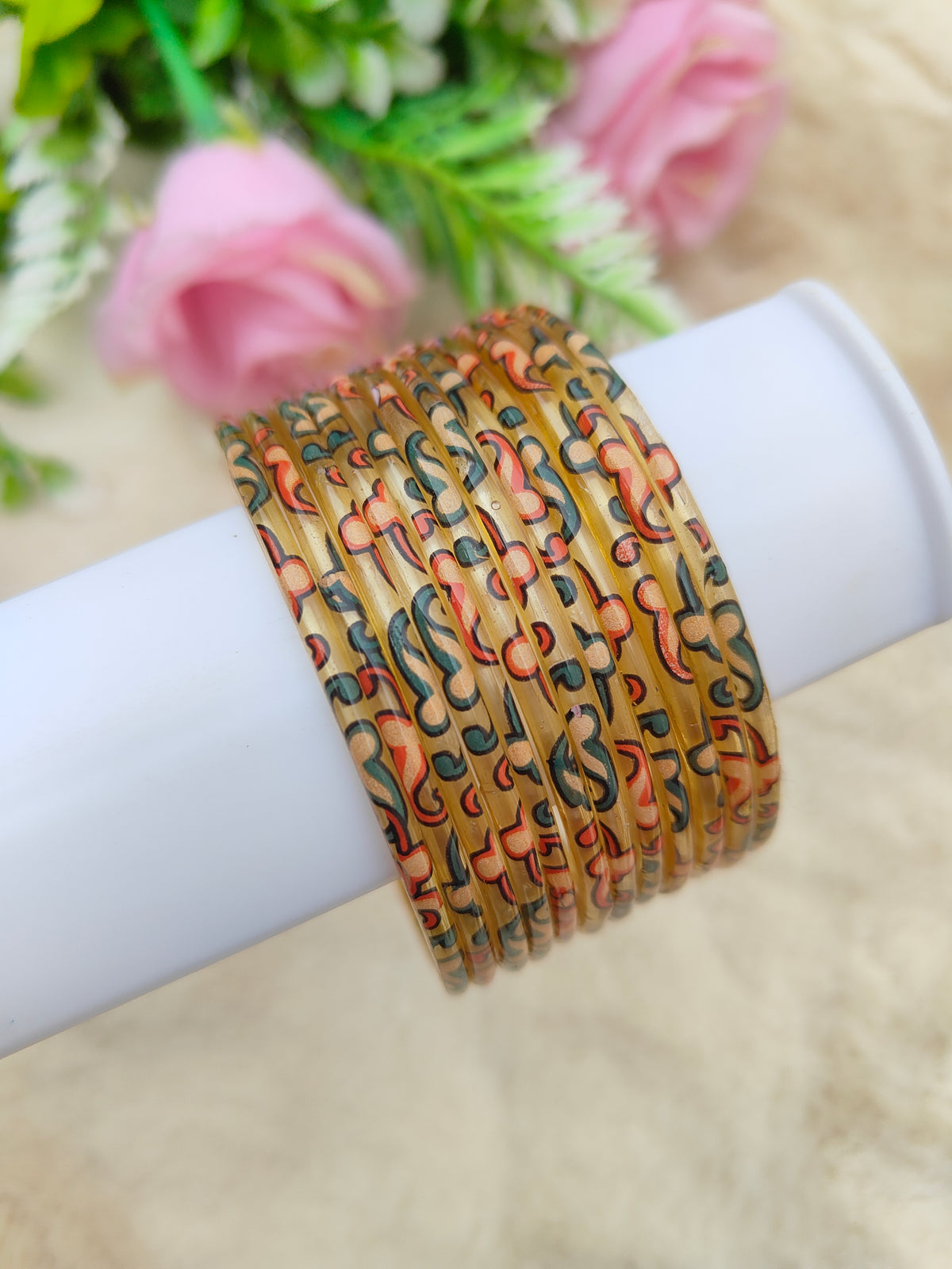 Kalamkari Glass Bangles-Golden Colour