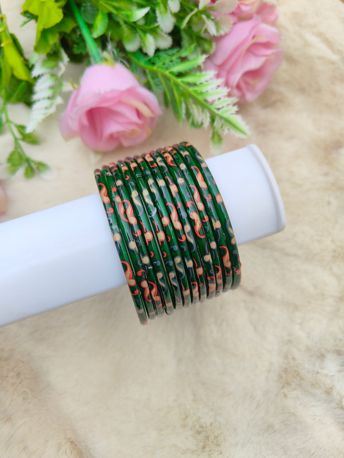 Kalamkari Glass Bangles-Bottle Green Colour