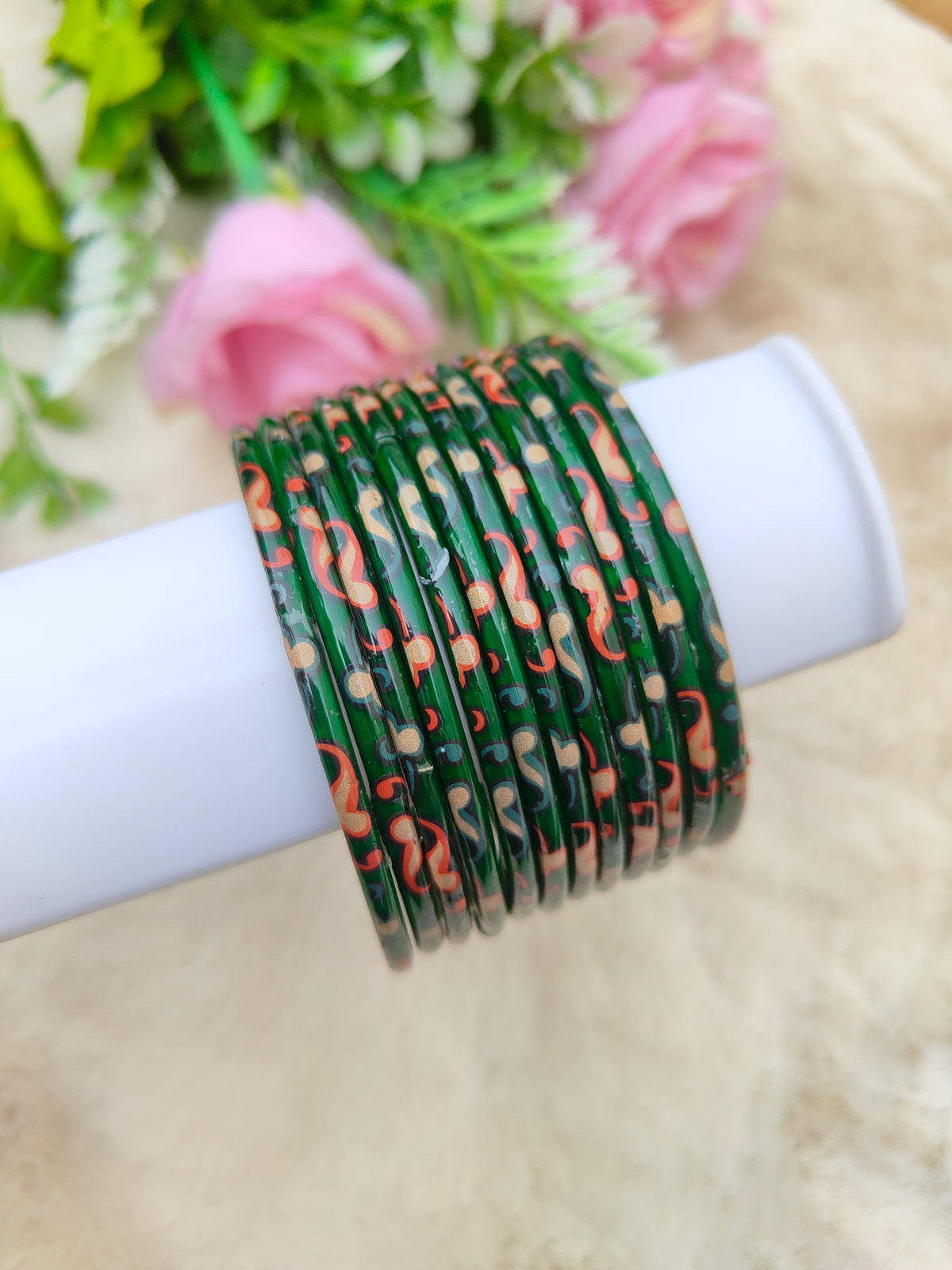 Kalamkari Glass Bangles-Bottle Green Colour