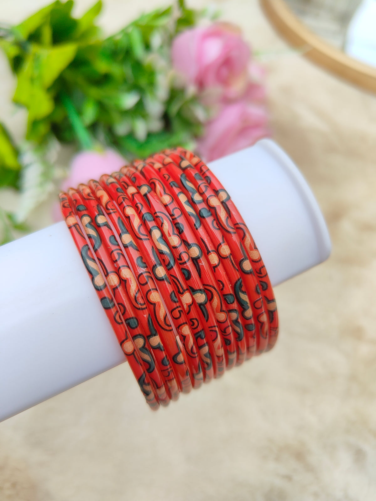 Kalamkari Glass Bangles-Orange Colour