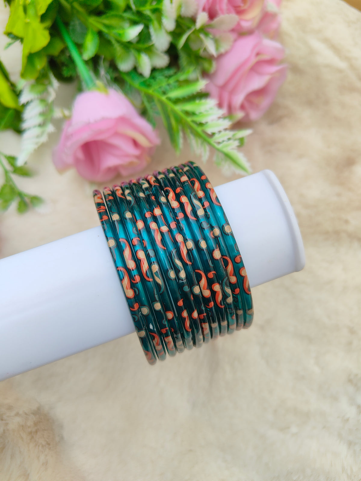 Kalamkari Glass Bangles-Peacock Blue Colour
