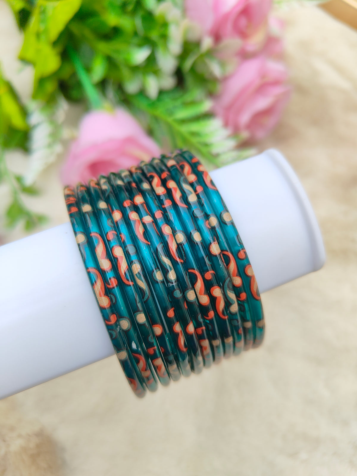 Kalamkari Glass Bangles-Peacock Blue Colour