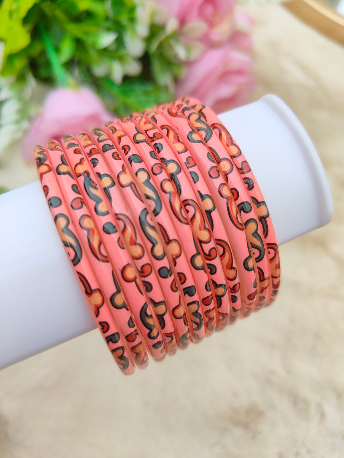 Kalamkari Glass Bangles-Baby Pink Colour
