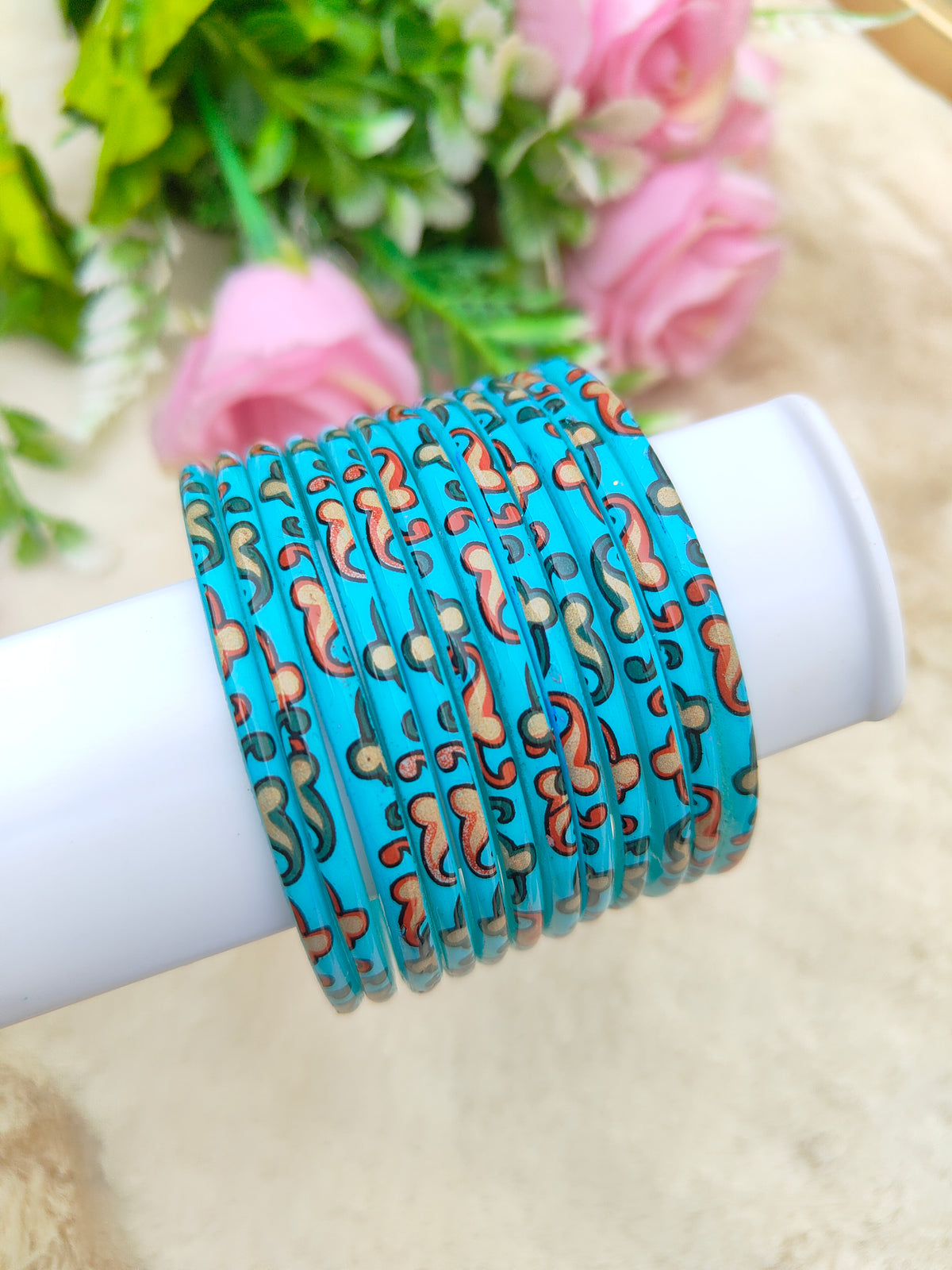 Kalamkari Glass Bangles-Sky Blue Colour