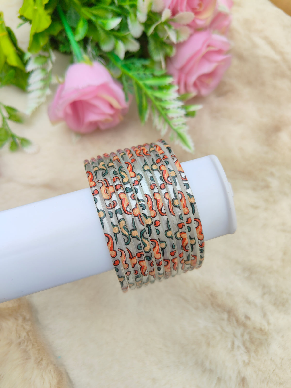 Kalamkari Glass Bangles-White Colour