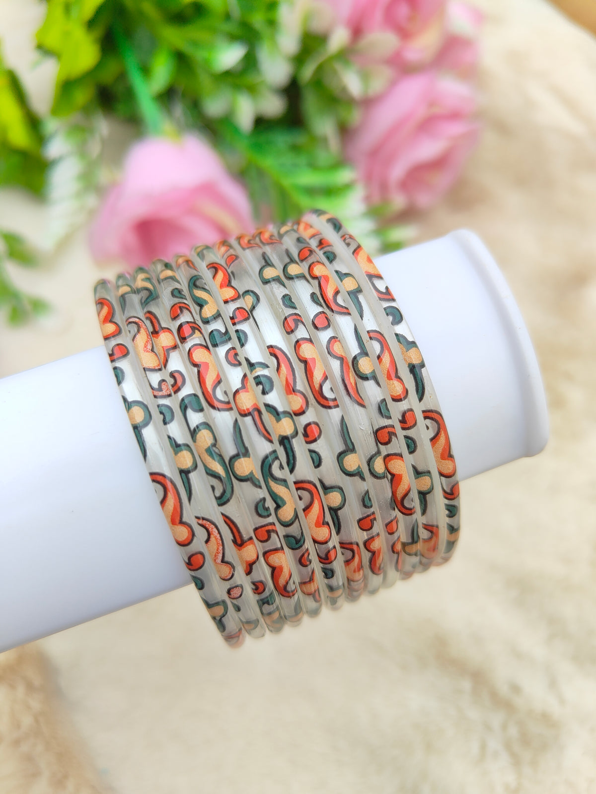 Kalamkari Glass Bangles-White Colour