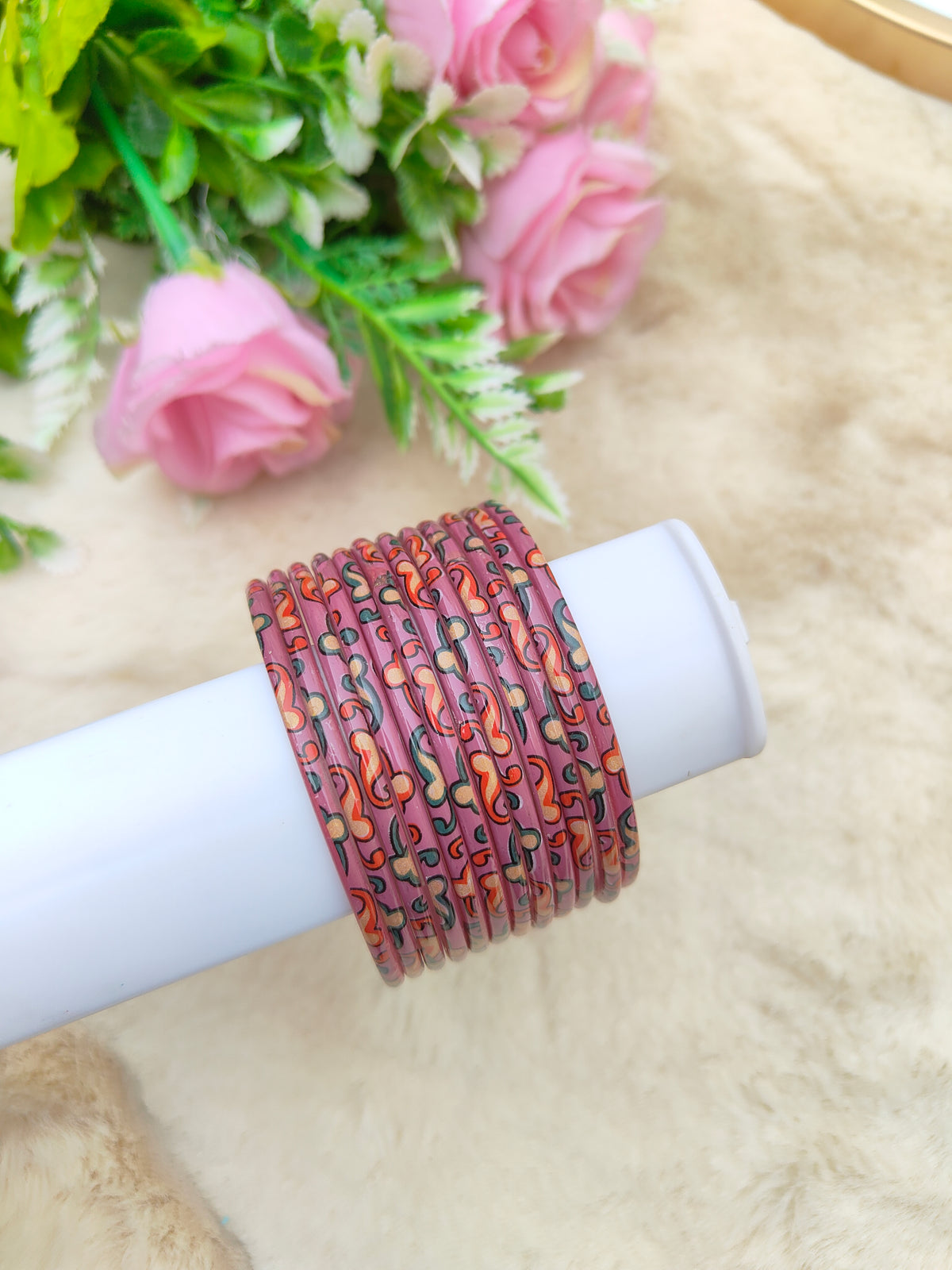 Kalamkari Glass Bangles-Onion Pink Colour
