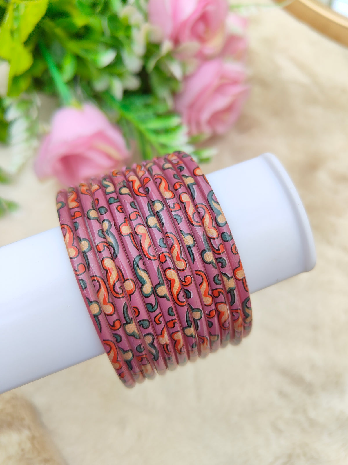 Kalamkari Glass Bangles-Onion Pink Colour