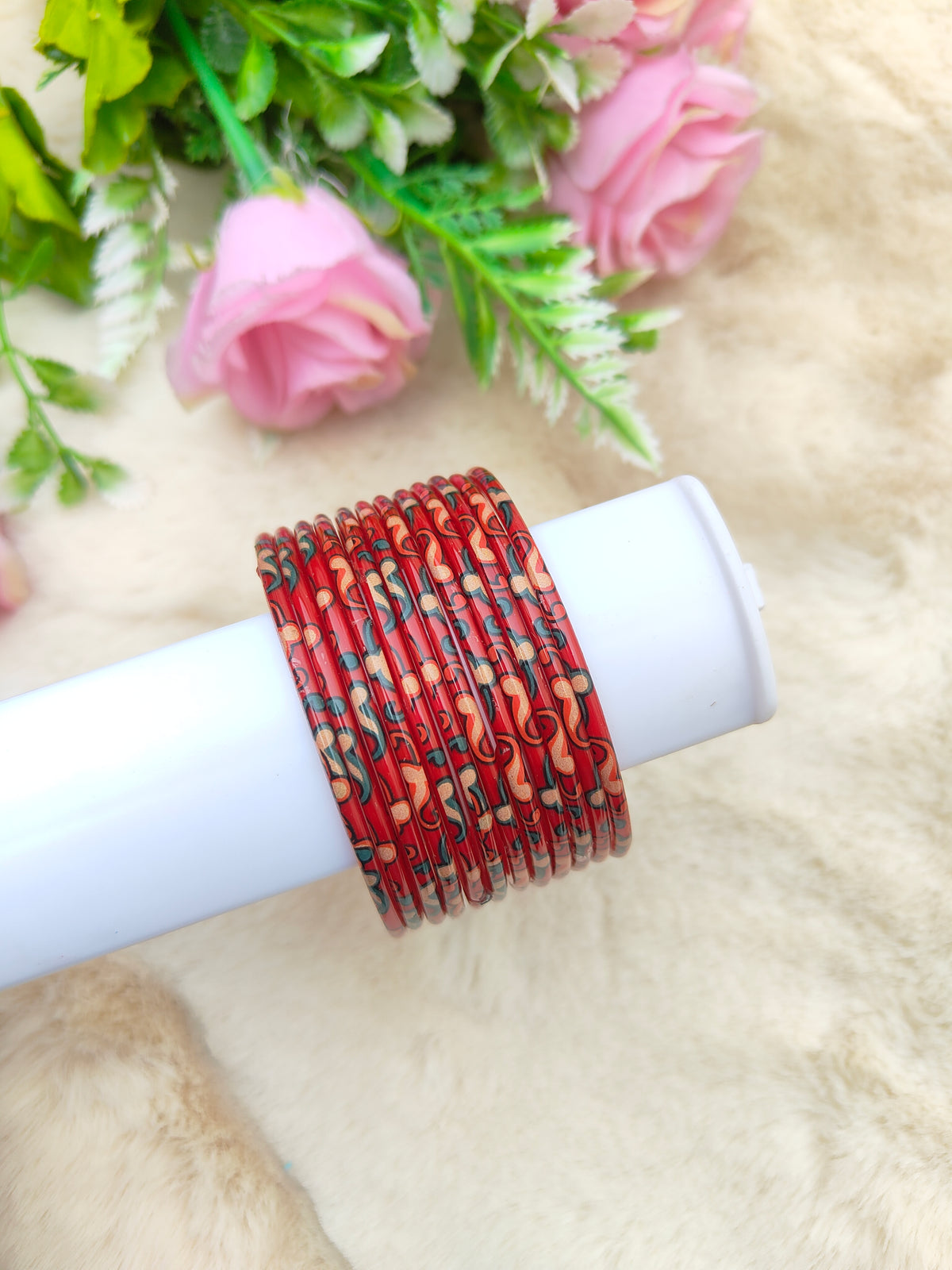 Kalamkari Glass Bangles-Red Colour