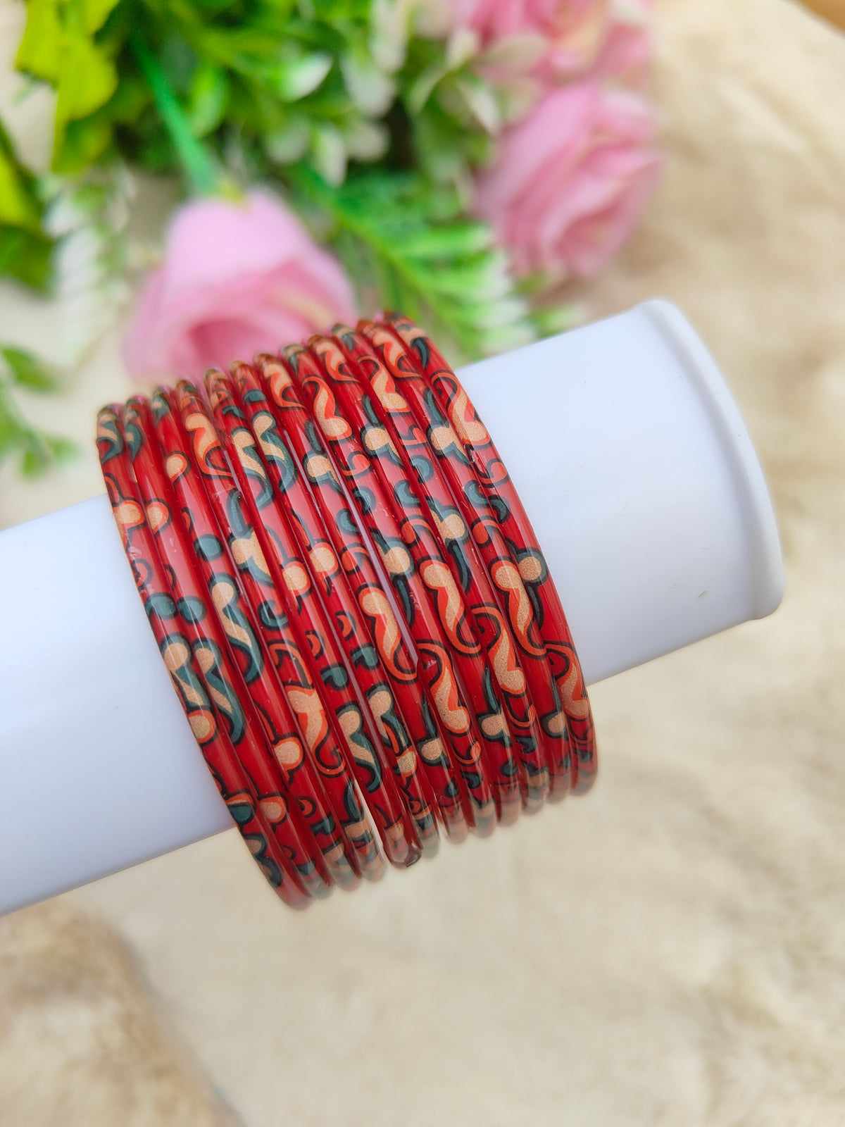 Kalamkari Glass Bangles-Red Colour