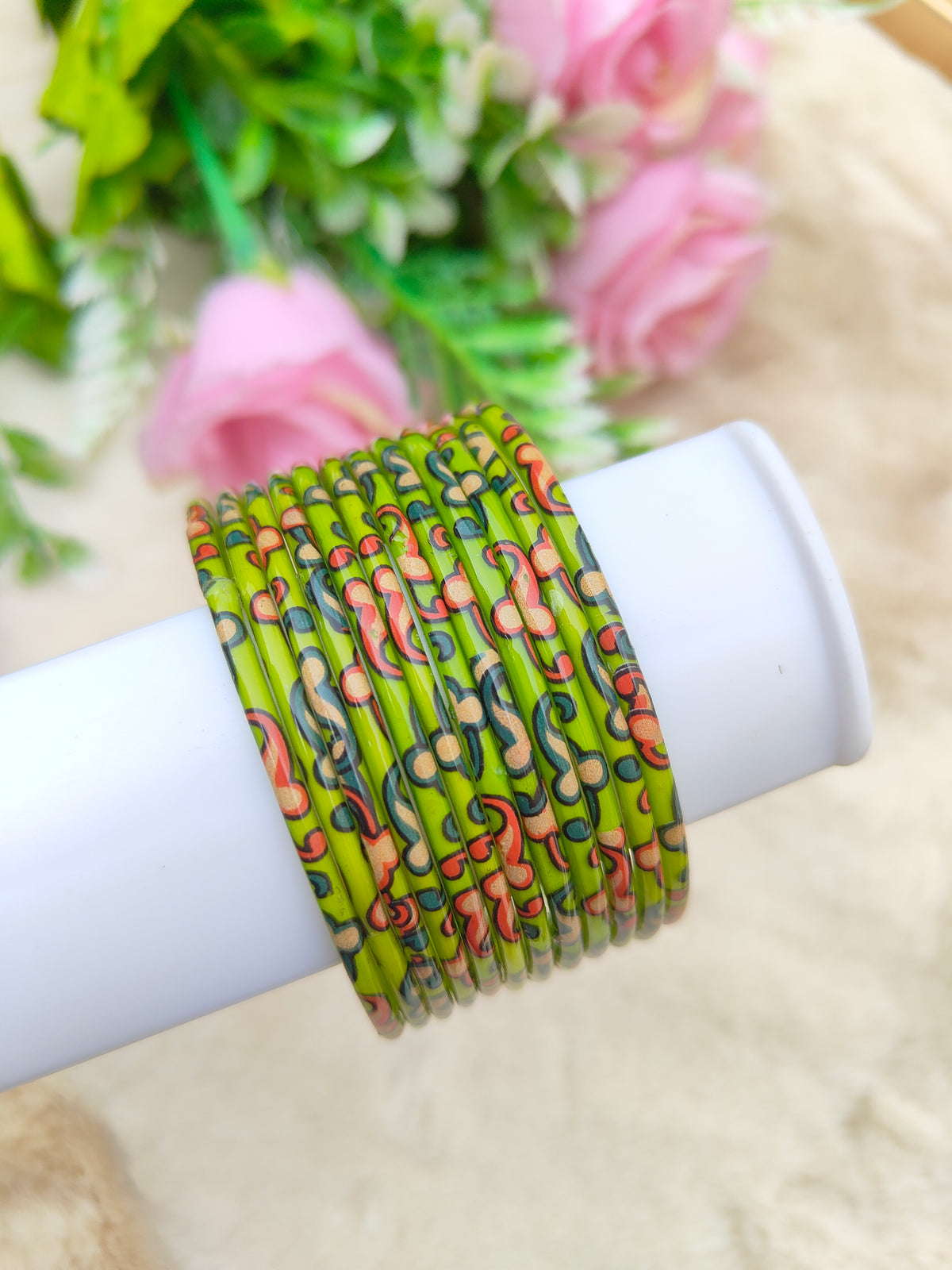 Kalamkari Glass Bangles- Parrot Green Colour