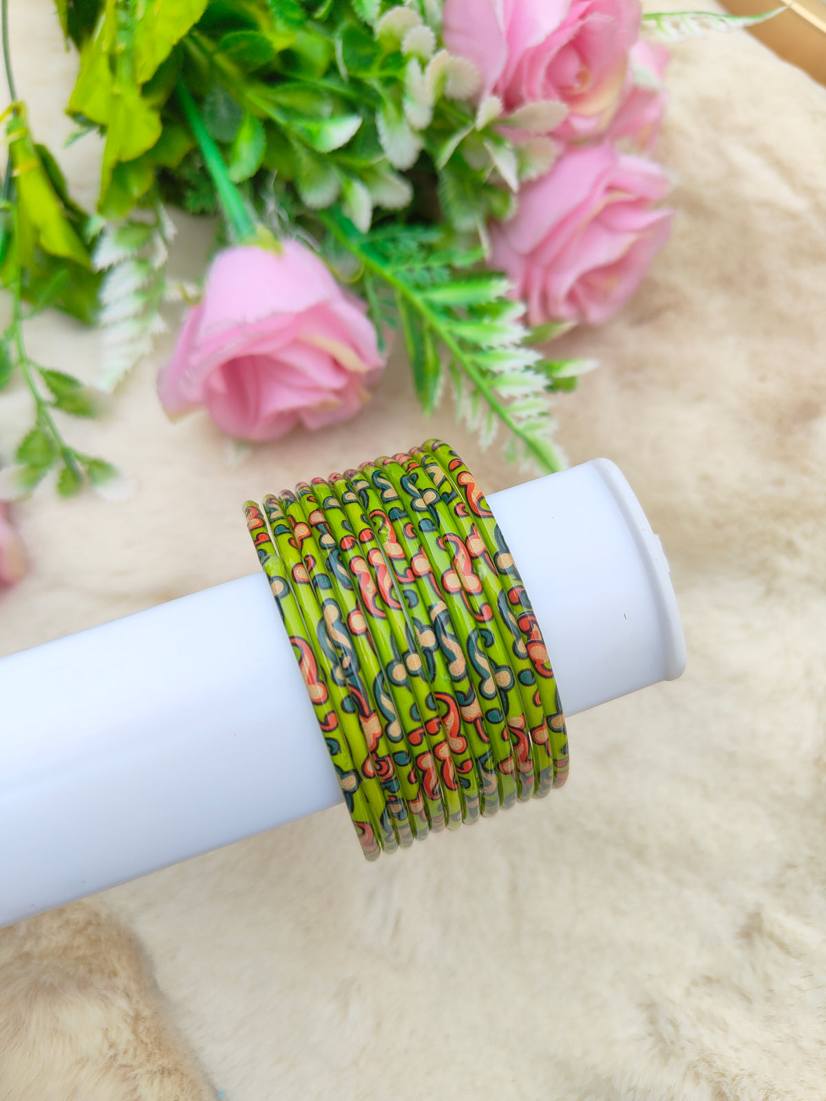 Kalamkari Glass Bangles- Parrot Green Colour