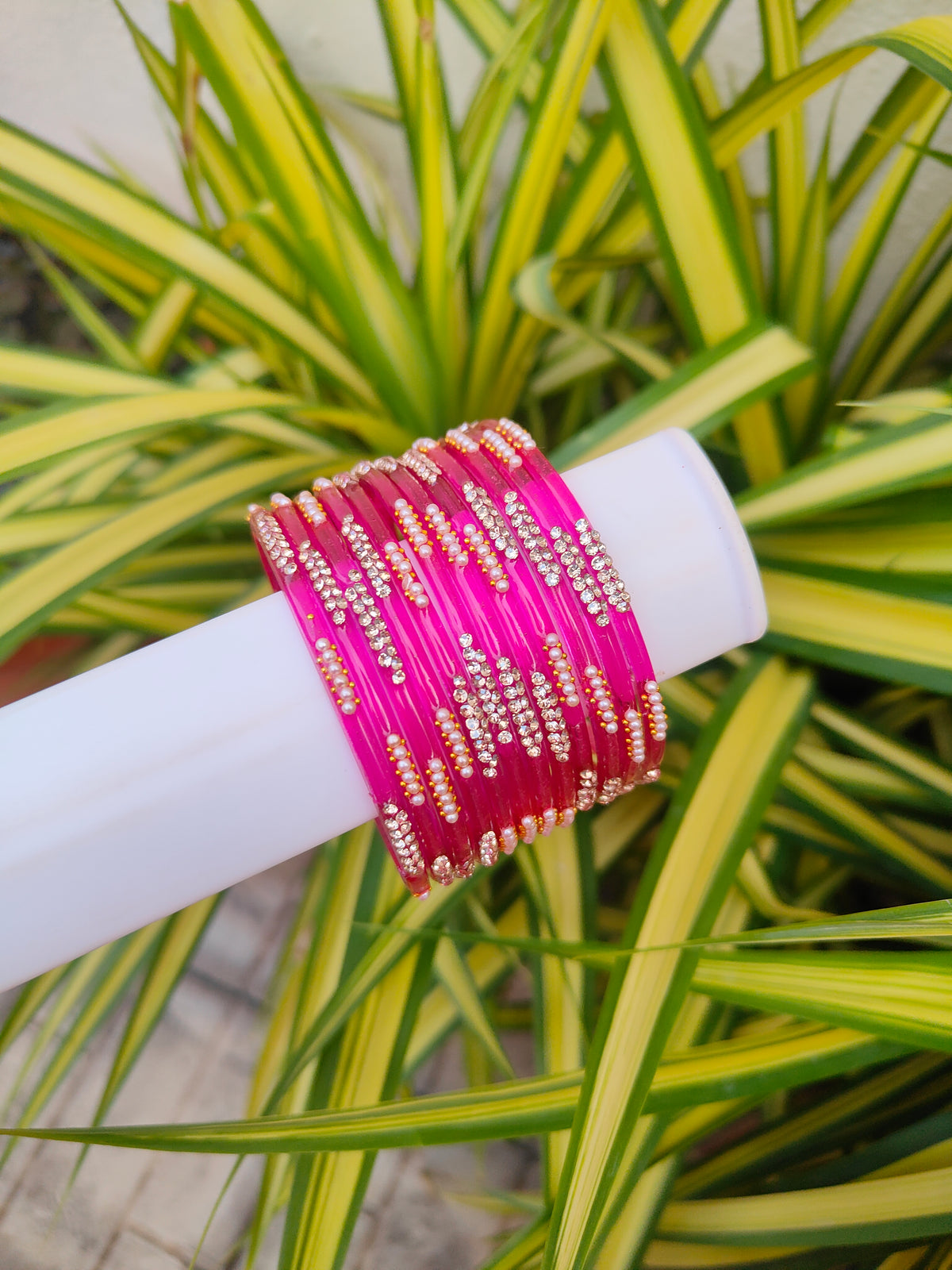 Nakshatra Glass Bangles - Rani Pink Colour