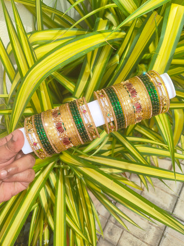 Aaradhya Lakshmi Metal Mix – Green & Gold Raindrop Glass Bangles
