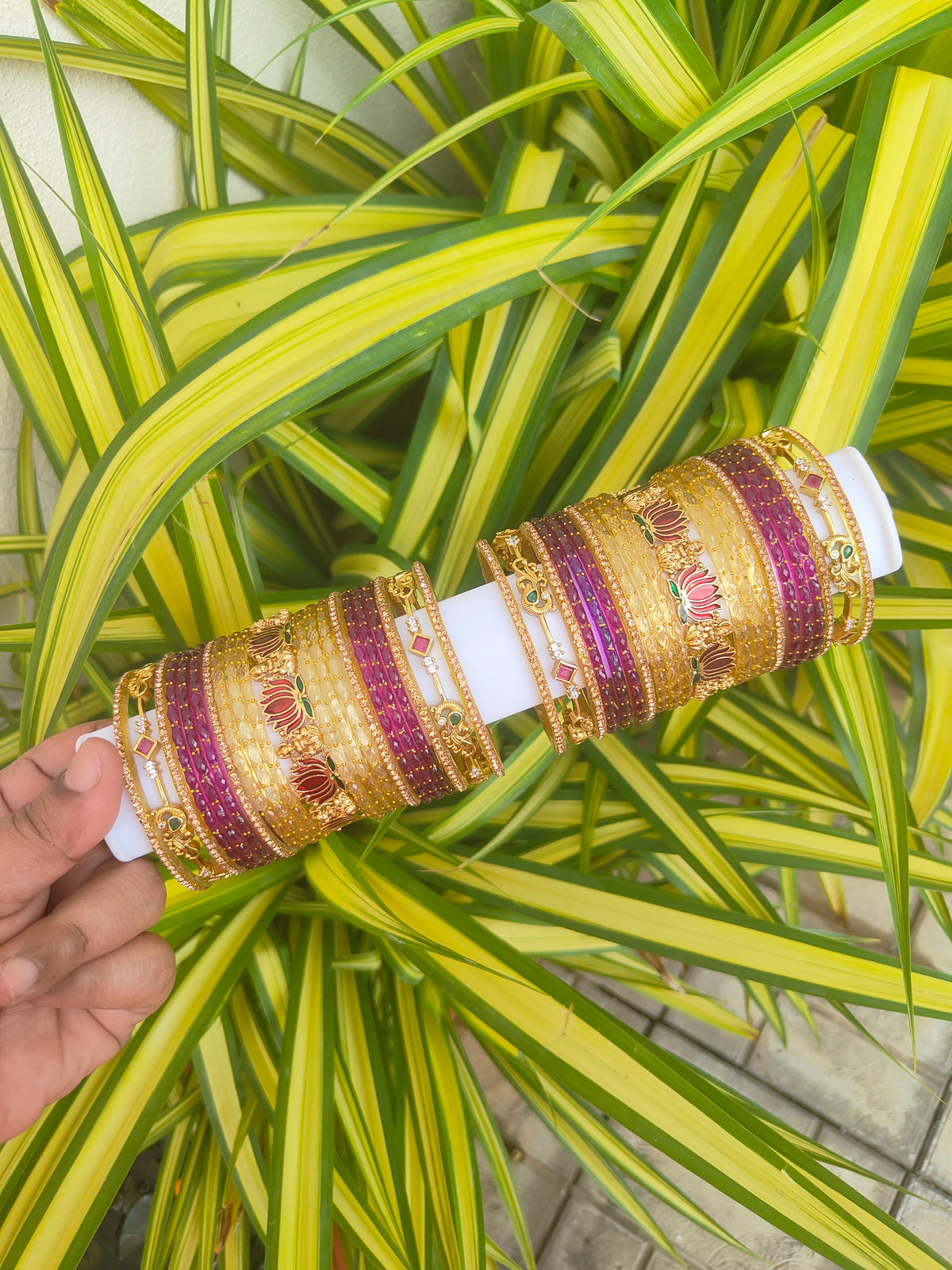 Aaradhya Lakshmi Metal Mix – Purple & Gold Raindrop Glass Bangles
