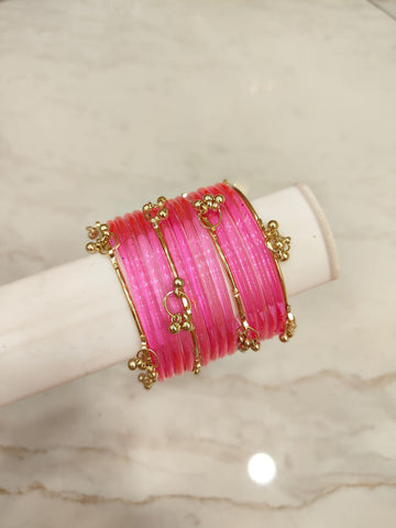 Bright Pink Jelly Glass Bangles with Kashmiri Bangles