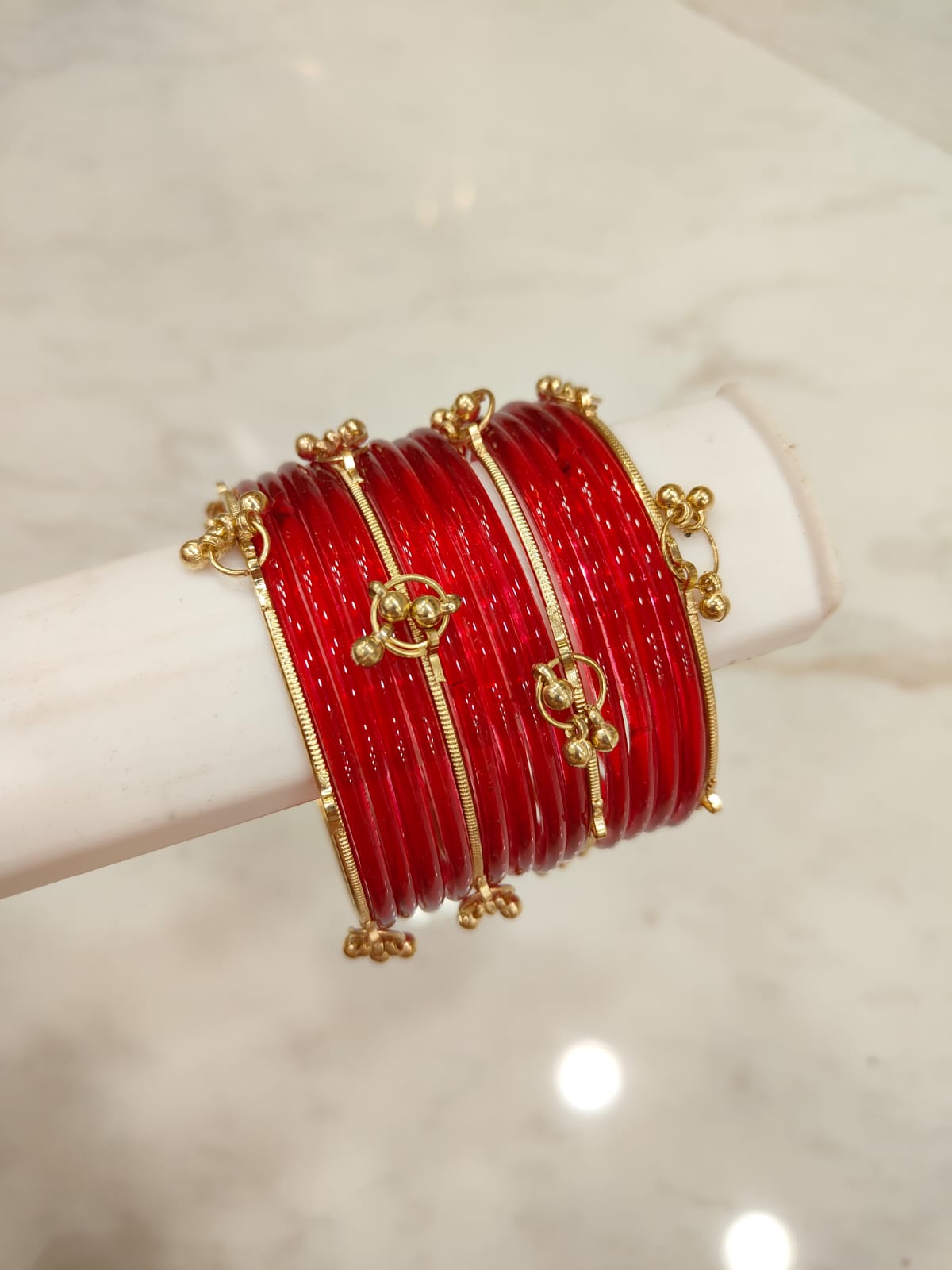 Red Jelly Glass Bangles with Kashmiri Bangles