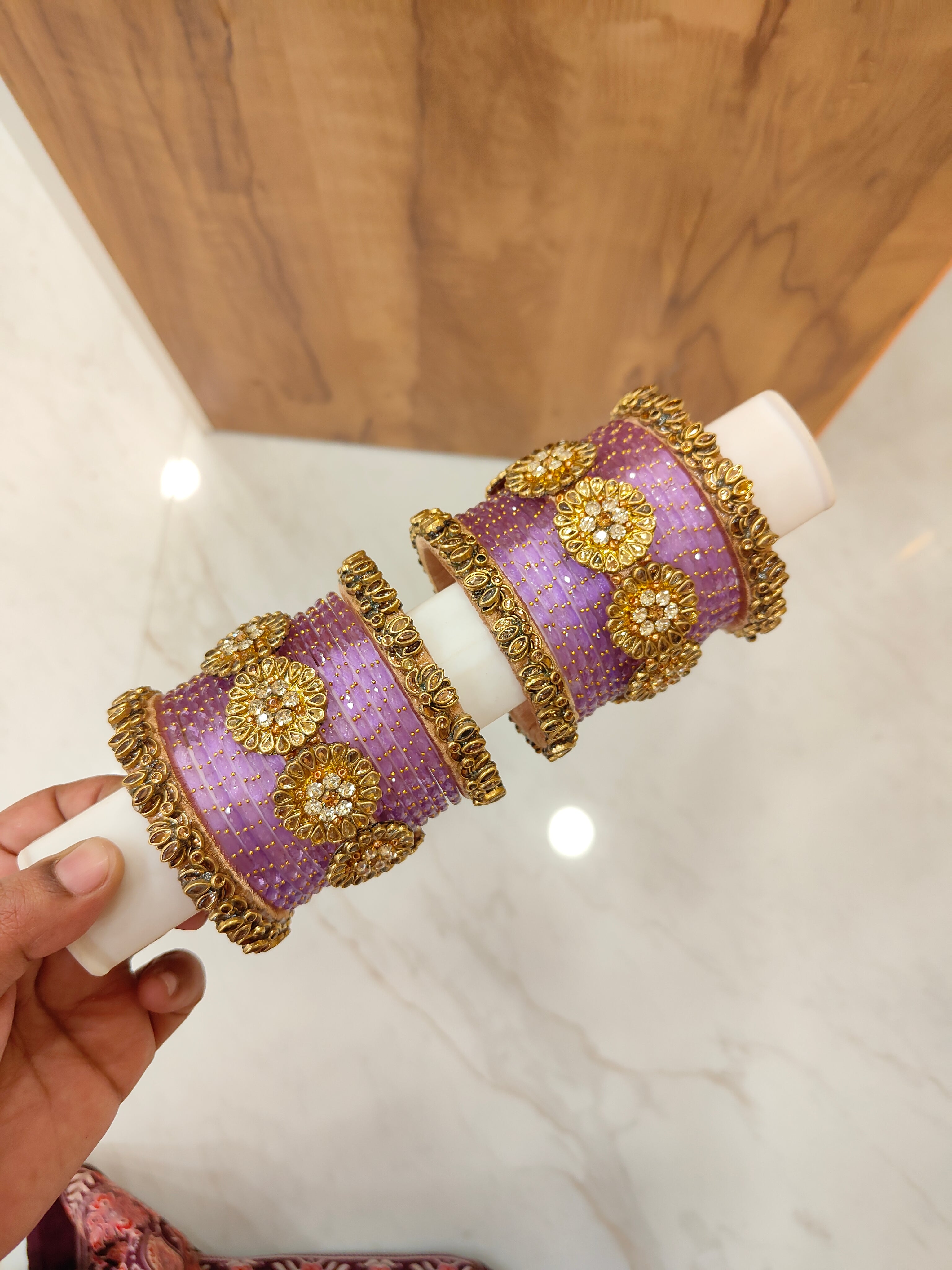 Gorgeous Lavender floral lotus set with Raindrop glass bangles