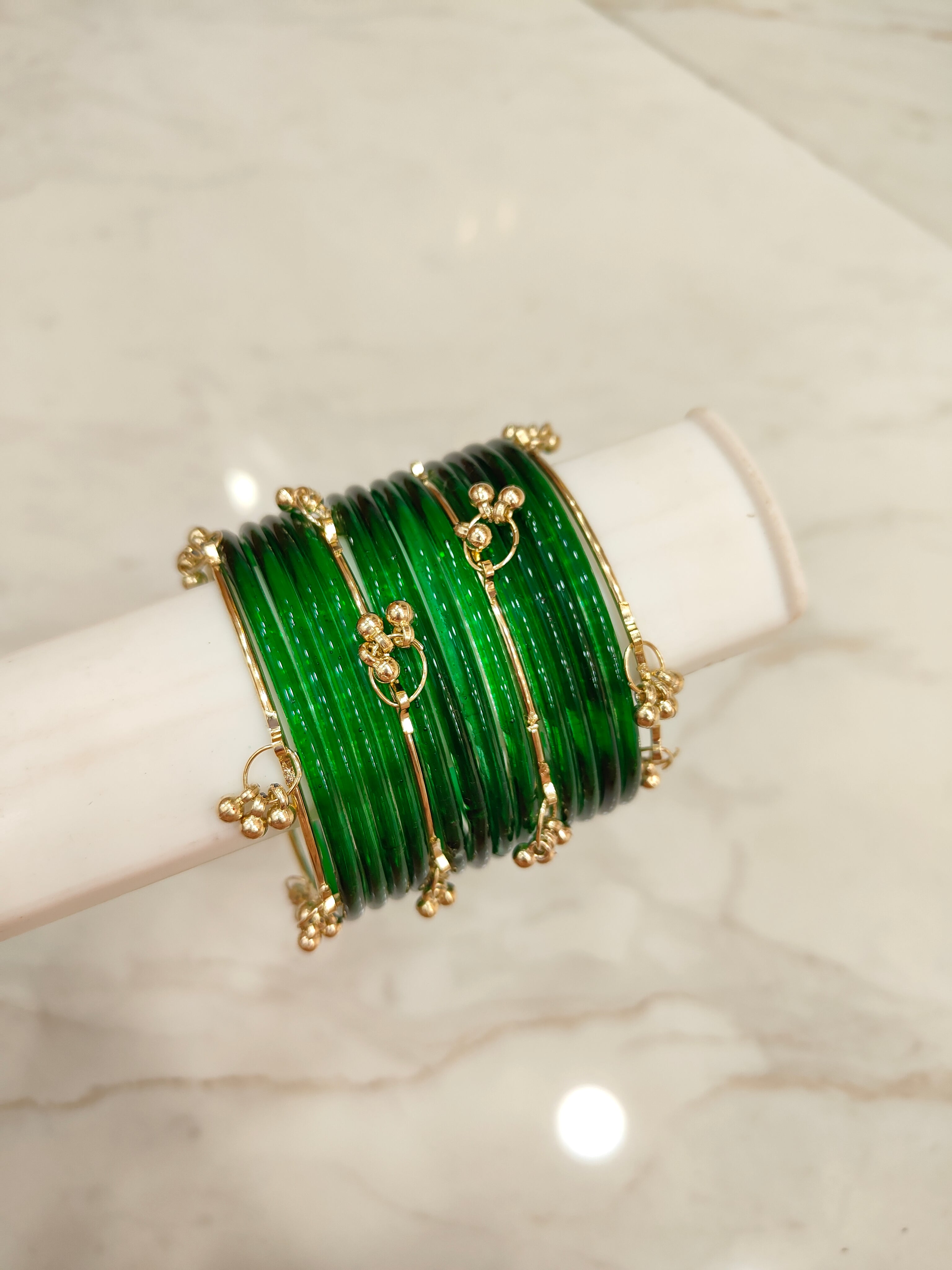 Bottle Green Jelly Glass Bangles with Kashmiri Bangles