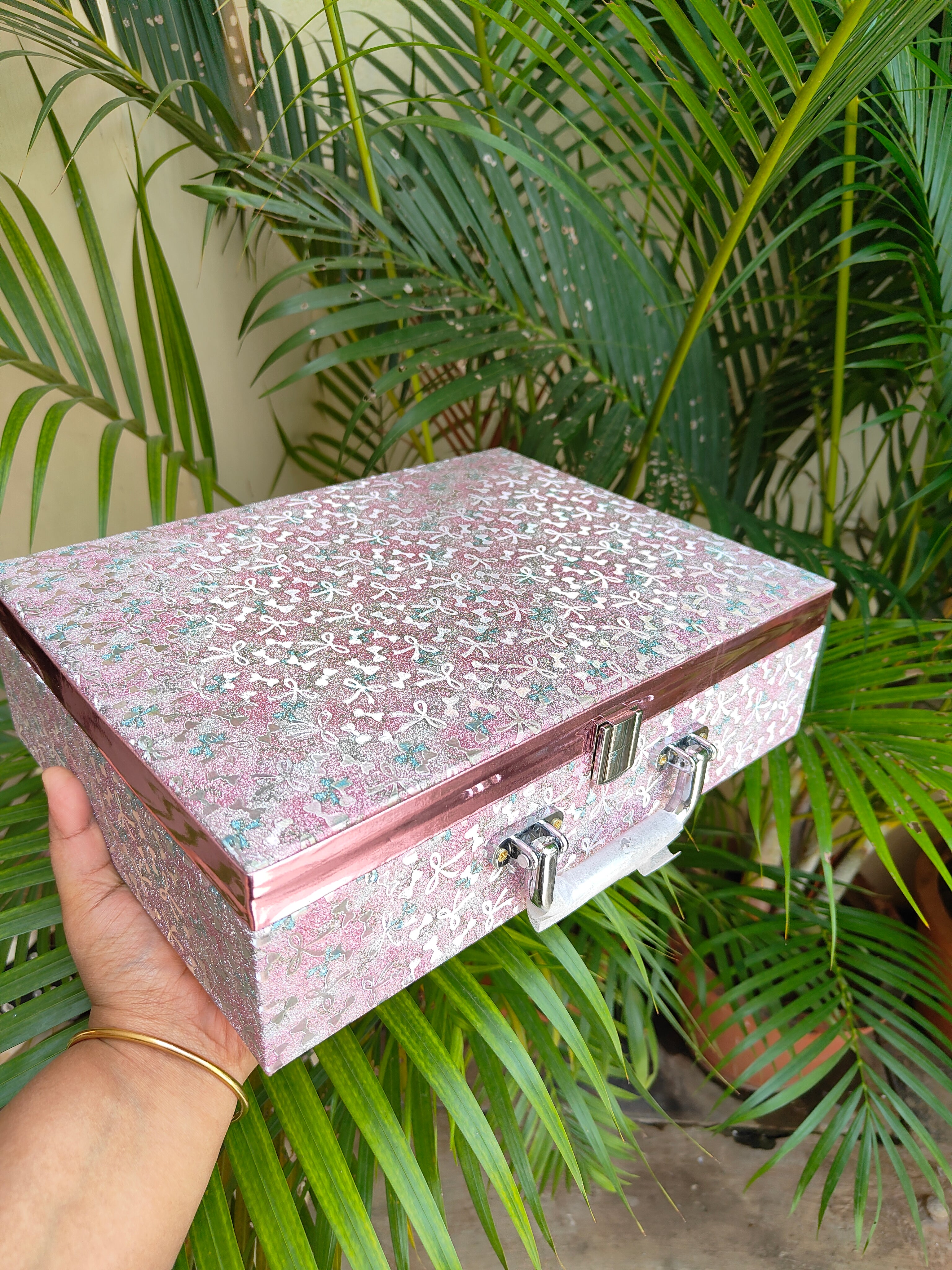 Pastel Pink Floral 3 line box with Small Mirror