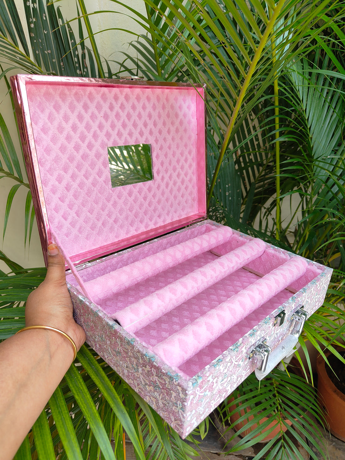 Pastel Pink Floral 3 line box with Small Mirror