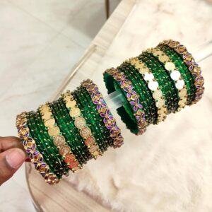 Lakshmi coin set with purple flower mixed with glass bangles